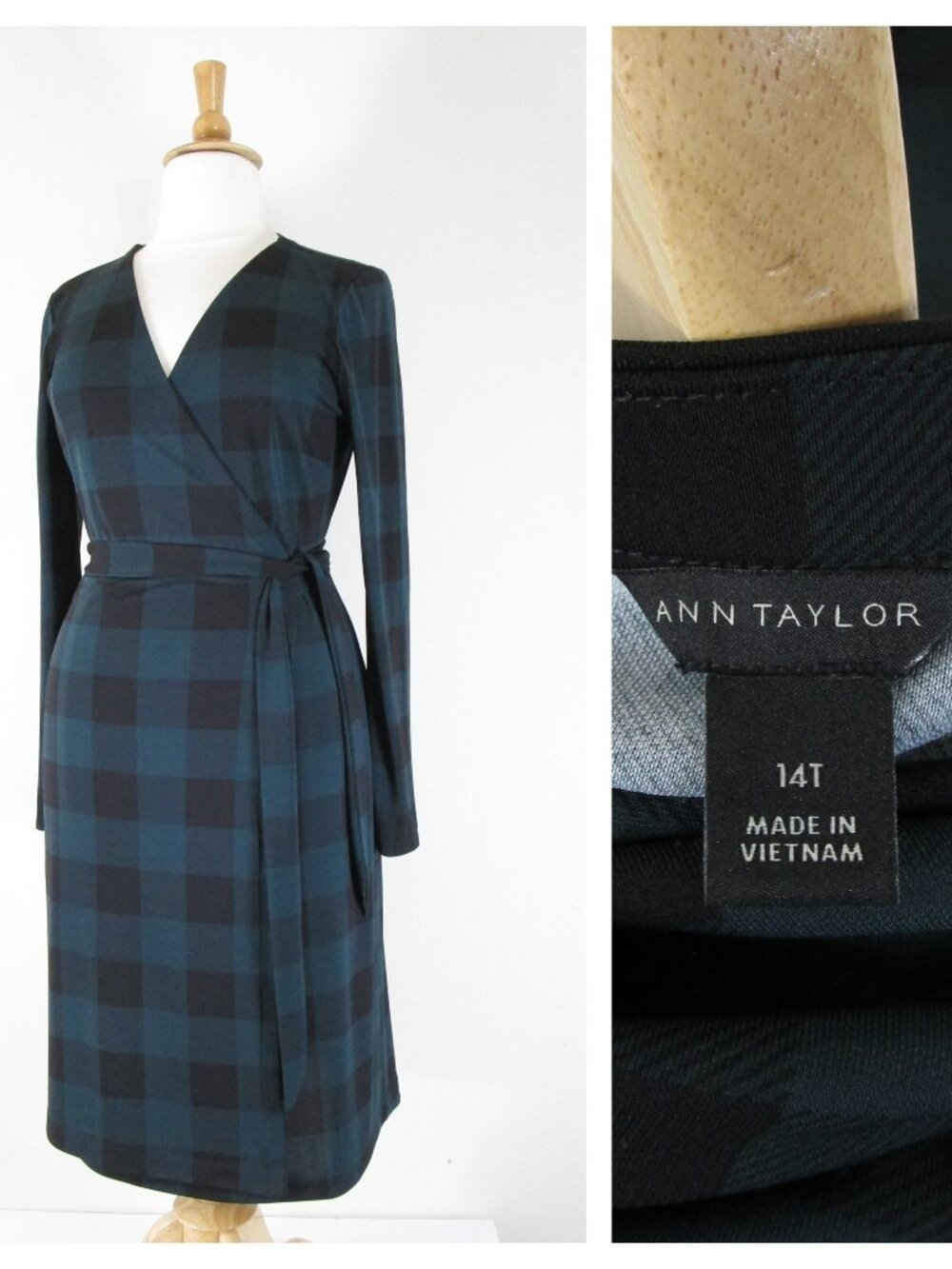 Ann Taylor Plus Size Dark Green Black Buffalo Plaid Wrap Midi Dress 14 Tall